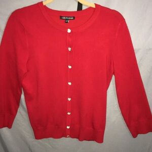 Red Button up cardigan cable and gauge